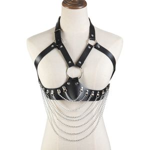 Camisoles Tanks Punk Cupless Bra Top Arnés de cuero Cinturón Body Bondage Chest Straps Black Studded Rivet Cropped Top