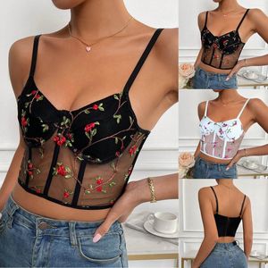 Camisoles Tanks Punk Goth Floral Lace Bustier Corset Womens Camisole Tops Seamless Underwear Respirant Push Up Bra Mesh Sheer Crop Top