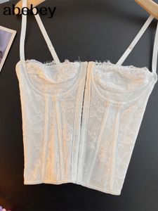 Camisoles Tanks Sexy Embroidery Lace Women Camis Tops Corset Bralette Cami Front Buttons Crop Cute Vest Elegant French Chic Party Clubwear 230414