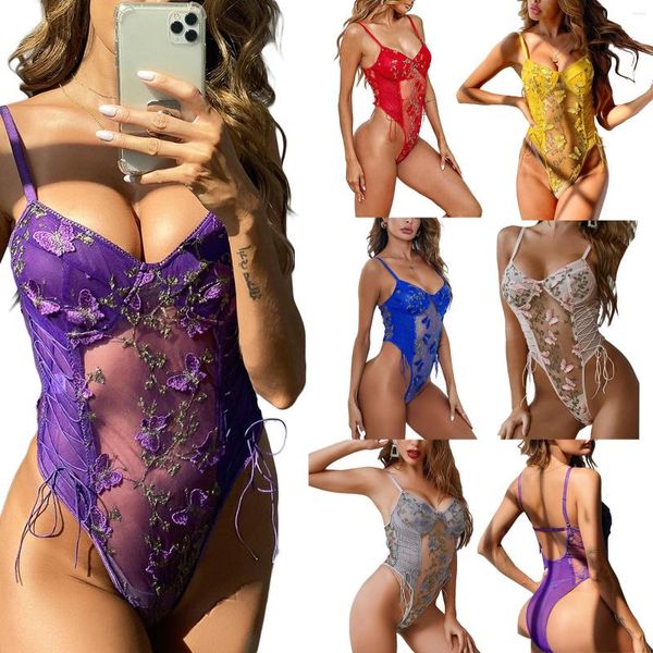 Camisoles Tanks Sexy Femmes Dentelle Broderie Fun Body Shaping Jumpsuit Motif Fleur Et Papillon Col V Profond Sans Manches Sur E-pièce