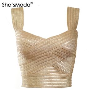 Camisoles Tanks She sModa Luxe Golden Bandage Slim Sleeve s Spandex Summer Cropped Tops Vest Tank Party Bachelorette Plus Size 230719