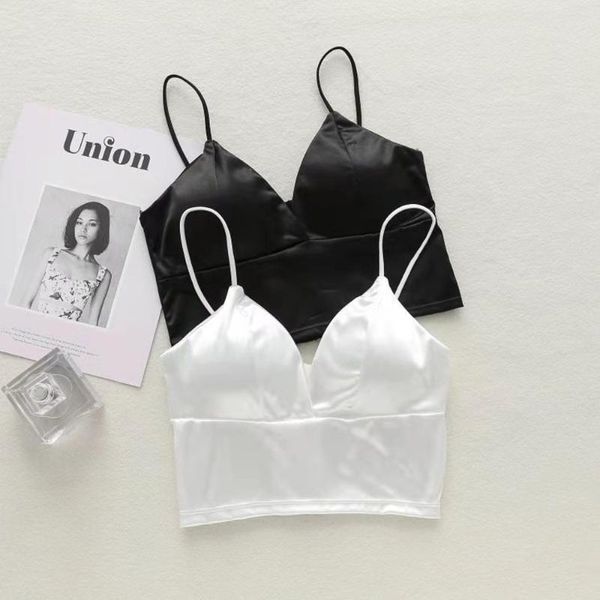 Camisolas sin mangas para dormir, sujetadores push-up, lencería Sexy, Tops, sujetador sin aros, Top con tirantes de seda suave, Bralette de inmersión