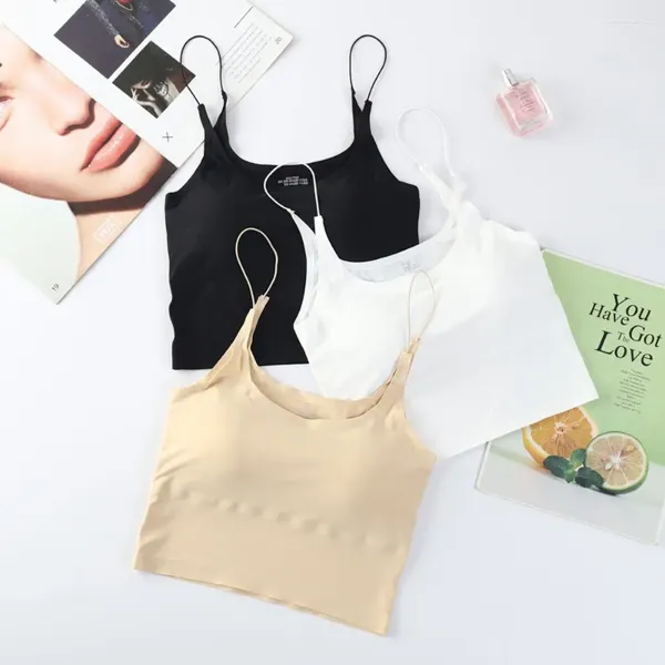 Camisoles réservoirs mince couleur unie tout-en-un coussin de poitrine sous-vêtements de sport glace soie femmes sans couture soutiens-gorge Sexy Bralette haut court