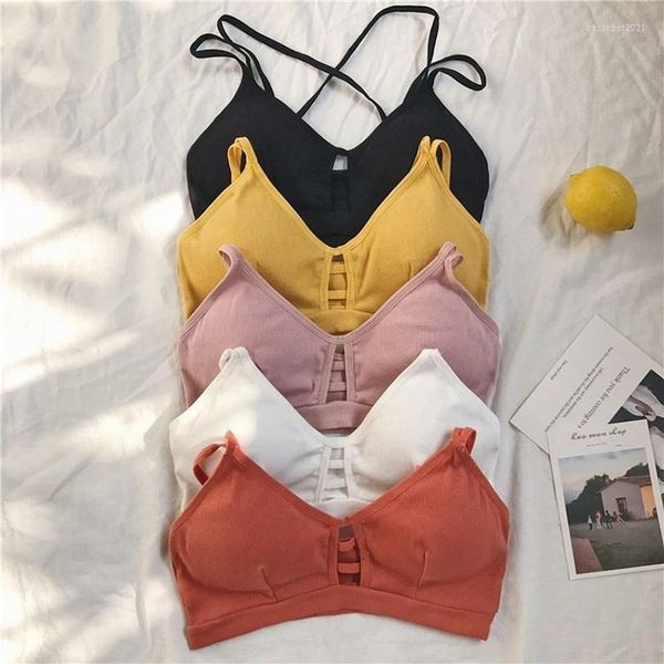 Camisolas Tanques Primavera Versión coreana Top de tubo Chaleco de mujer Todo-fósforo Color sólido Corto de corte bajo Hollow Sling Bra Bottoming Ropa interior