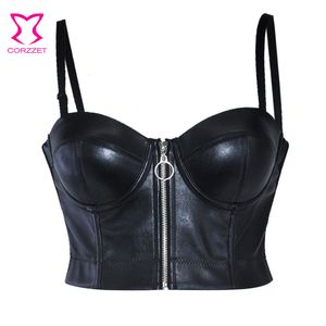 CAMESOS Tanks Steampunk Black Pu Leather Zippper Push Up Bralet Sexy Women Bustier Gothic Punk Bra Lingerie Night Club Party Crashed Top Vest 230508