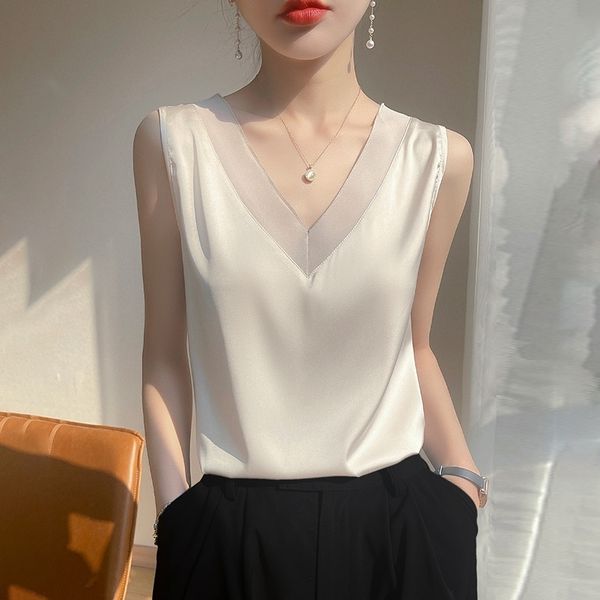 Camisoles Tanks Strap Top Femmes Halter V Neck Basic White Cami Sans Manches Satin Silk Tank Top'S Summer Camisole 230508