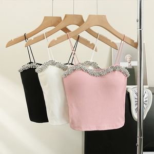 Camisoles Tanks Summer Basic Crop Top Femmes Patché Faux Diamants Rembourré Réservoirs En Velours Doux Sans Manches Tee Top Camisole Avec Soutien-Gorge 230506