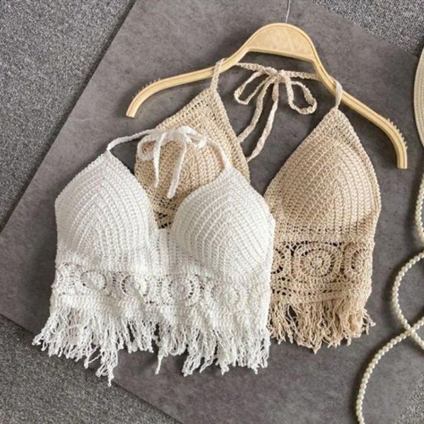 Camisolas Tanques De Verano Playa Sujetador De Punto Con Almohadilla En El Pecho Camiseta Sin Mangas Corta Dulce Ahueca Hacia Fuera El Bordado Halter Tops Borla Ropa Interior De Mujer