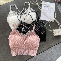 Camisoles Tanks été creux dentelle crop tops sexy perlé spaghetti strap tanke top épaule sans manches couleur unie camis pour femmes 230425