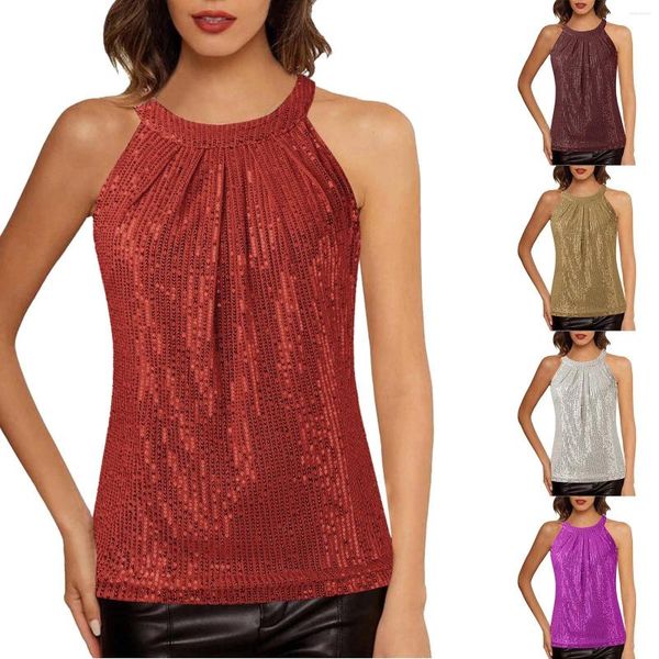 Camisolas sin mangas para mujer, camisetas con cuello Halter de lentejuelas, camisola elegante sin mangas para fiesta, Club, cóctel, Camiseta de algodón de LICRA