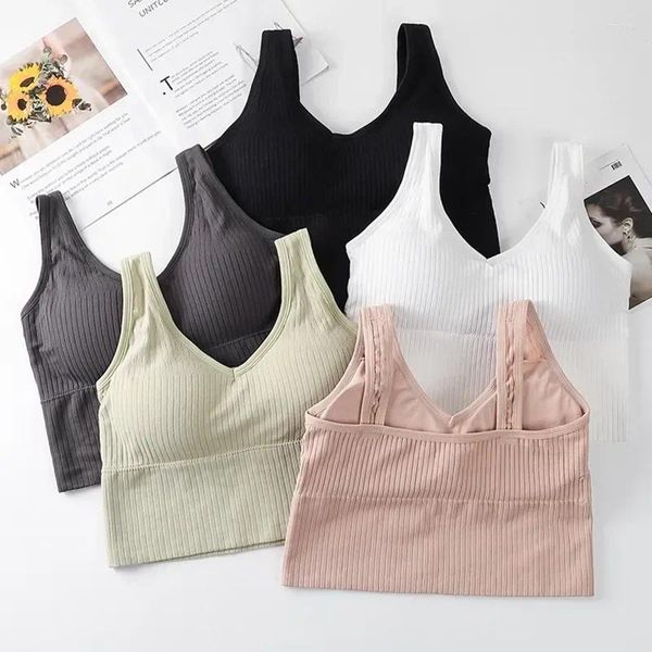 Camisoles Débardeurs Hauts Camisole Sous-Vêtements Soutien-Gorge Sexy D'été Gilet Une Pièce Tube En Coton Haut Col En V Sans Manches Construit Femmes Sports