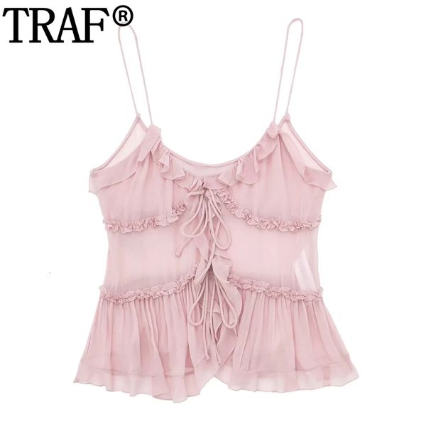 Camisoles Débardeurs TRAF Ruffle Rose Top Femmes Sans Manches Noir Crop Sexy Dos Nu Voir À Travers Tops Pour Streetwear D'été Blouses Femme 230719