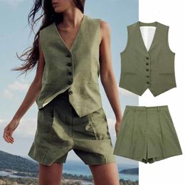 Camisoles Tanks TRAF WOMEN 2023 Fashion Front Button Flax Blending Waistcoat Vintage V Neck Sleeveless Female Outerwear Chic Vest Tops 230421