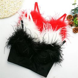 CAMISOS Tanks Vintage Feather Crop Tops Sexy Women Camisole Corset Deep-V Bustier Nightclub Party Push Up Bras Fashion Ladies Tube Top