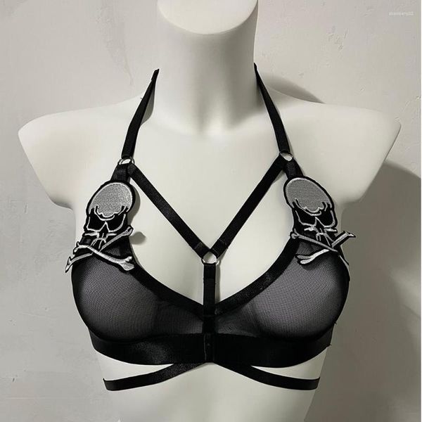 Camisolas Tanques Mujeres Crop Top Arnés Cuerpo Jaula Hippie Rock Cráneo Bordado Parche Bondage Lencería Ajustable Halloween Horror Ropa