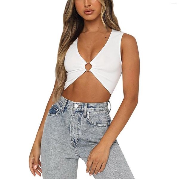 Camisolas Tanques Mujer Moda Sexy Color sólido Apretado Hueco V Anillo Acero Lencería Crop Tops Mujeres Wireless Bralette Crochet Top