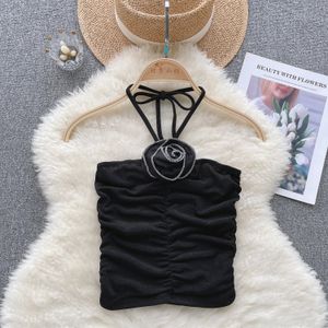 Camisoles Tanks Femmes Sexy maille licou Camisole cravate fleurs épaules dénudées débardeurs doux laçage solide Corset Chic sans manches tunique à plusieurs niveaux 231023