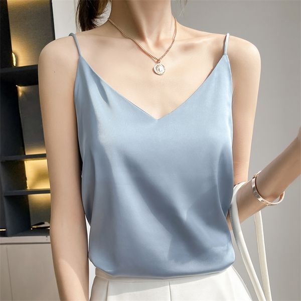 Camisolas Tanques Mujeres Sexy Satén Seda Suave Con cuello en V Sin mangas Moda coreana Lencería Camisola De gama alta Sedoso Fresco Color sólido Exquisito Top 230506