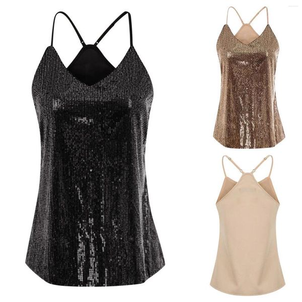 Camisoles débardeur Sexy pour femmes, Camisole à paillettes avec bretelles Spaghetti, col en V, sans manches, Slim, couleur unie, gilets élégants