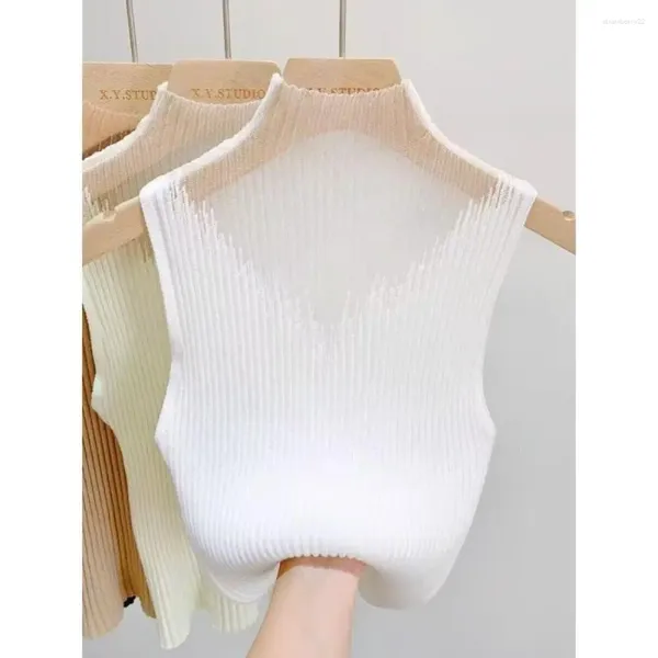 Camisolas Tanques Mujeres Y2K Camiseta Sin Mangas De Malla De Punto Medio Cuello Chaleco Femenino Sin Mangas Suéter Chic Recortado Streetwear Sólido Flaco Tubo Blanco