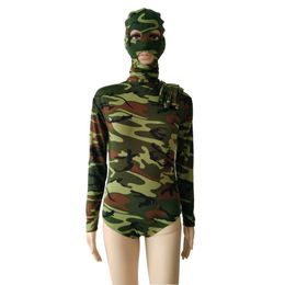 Couleur camo Col haut cou demi-pack Spandex Body unisexe Ballet Gymnastique Justaucorps combinaison Unitard collants peut gants de masque amovibles