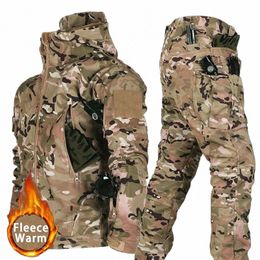 Camo Winter Tactische Sets Mannen Shark Skin Soft Shell Capuchon + Leger Rechte Cargo Broek 2 Stuks Pakken militaire Waterdichte Set o23W #