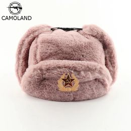 CAMOLAND mujeres insignia soviética ruso Ushanka piloto bombardero sombrero para hombre piel sintética ejército militar invierno trampero orejeras gorros de nieve 231225