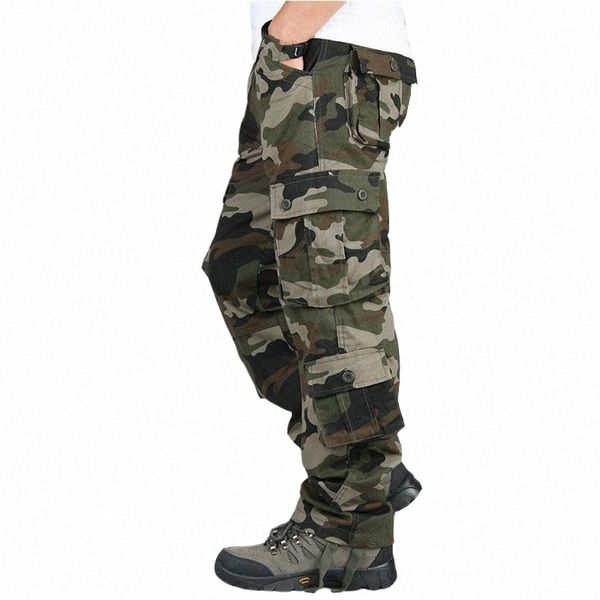 Camuflaje Pantalones de carga Casual Multi-bolsillos de los hombres Baggy Combat Pantalones sueltos Pantalones militares de camuflaje en general Pantalones tácticos Tamaño 44 E2GW #