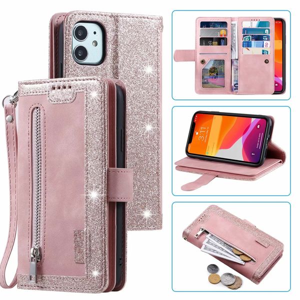 9 fentes pour cartes étuis portefeuille en cuir multifonctions pour Iphone 15 14 Pro MAX 13 12 X XS XR 11 8 7 6 Plus Zipper Bling Glitter Sparkle Holder Flip Cover Girls Business Pouch