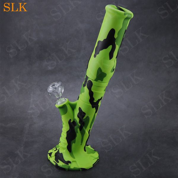 Conception de camouflage Pipe à eau en silicone pour fumer Bong à eau imprimé sur mesure Tuyau de brûleur à mazout incassable durable avec un bol à tabac en verre à joint de 14 mm