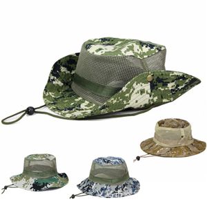 Camouflage visser hoed brede randkap mannelijke vrouwelijke outdoor camo jagen camping antisun mesh hoed 5 kleuren2782919