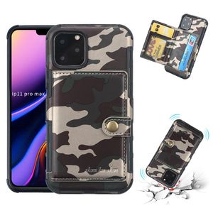 Camouflage Folio Portefeuille en cuir Coque de protection Hybride Résistance aux chutes Double fentes pour cartes Support Étui arrière pour iPhone 11 Pro Samsung