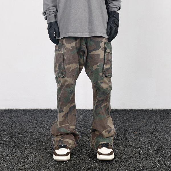 Camouflage Micro Flare pantalon à la mode Streetwear Camo Cargo pantalon pour homme coupe ajustée pantalon femme Baggy vêtements décontractés 240202