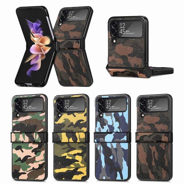 Estuches plegables a prueba de golpes de camuflaje para Samsung Galaxy Z Flip 4 3 Flip4 Flip3 ZFlip4 Business Army Military Camo Leather PC duro Plástico Teléfono móvil Funda con tapa