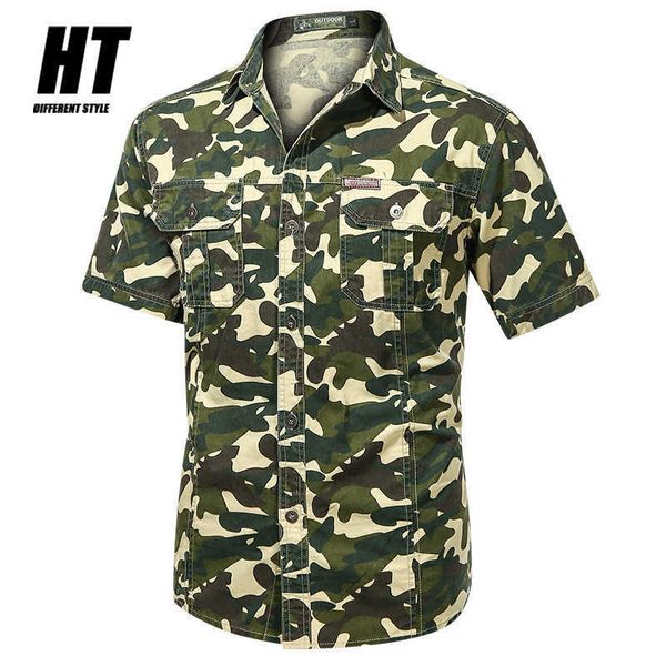 Camouflage Chemises à manches courtes Hommes Summer Army Green Coton Denim Chemises Casual Outillage Chemises Slim 2 poches Blouse pour hommes 210603