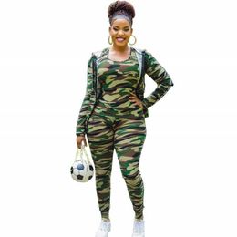 Camouflage Trainingspak Dames Sets Zipper Hooded Jacket Tops met Tank en Skinny Broek Pak Mode Herfst Sportswear Lounge Set Y0625