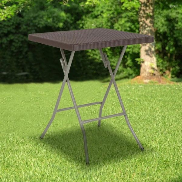 Meubles de camp Table pliante carrée en rotin marron de 1,95 pieds, adaptée à l'extérieur, salon, fête, plage