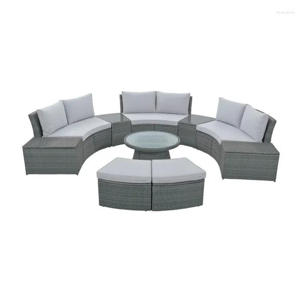 Camp Furniture Lot de 10 canapés d'extérieur sectionnels demi-ronds en rotin pour patio, conversation en osier PE pour combinaison gratuite, gris clair