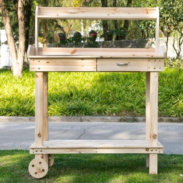 Muebles de campamento Banco de trabajo de jardinería de 36 '' con 2 ruedas extraíbles Cajón para fregadero Grandes espacios de almacenamiento Banco para macetas de madera Mesa de trabajo Natural