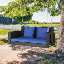 Kampmeubilair 49 inch schommelstoel zwart tuin PE rotan blauw kussen bank met rugleuning eenvoudig te installeren