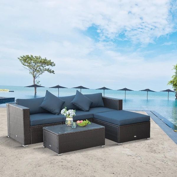 Camp Furniture Ensemble de canapé en rotin PE résistant aux intempéries, 5 pièces, pour patio extérieur, table basse en verre, bleu