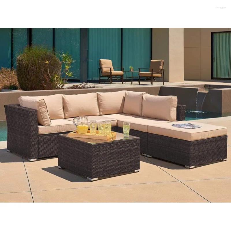 Camp Furniture 6-Piece Patio Set 83" X 81" Outdoor Sectional Sofa 5 Seats Rattan Wicker Conversation Sets With Ottoman Garden