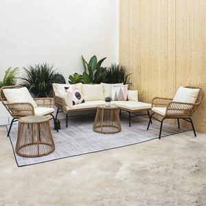 Kampmeubilair 6-delig buitenterras, balkon, natuurlijke kleur, rieten fauteuilset met beige kussen, ronde gehard glazen tafel en hoes