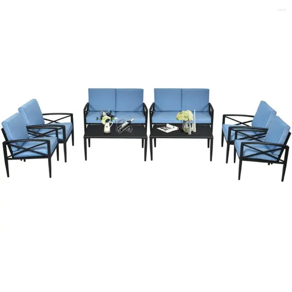 Camp Furniture Ensemble de patio 8 pièces avec cadre en aluminium, canapé rembourré, chaise, table basse, bleu