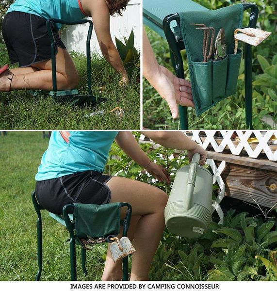 Meubles de camp, un genouillère et un siège de jardin pliants multifonctionnels avec 3 pochettes à outils en prime portant 150 kg