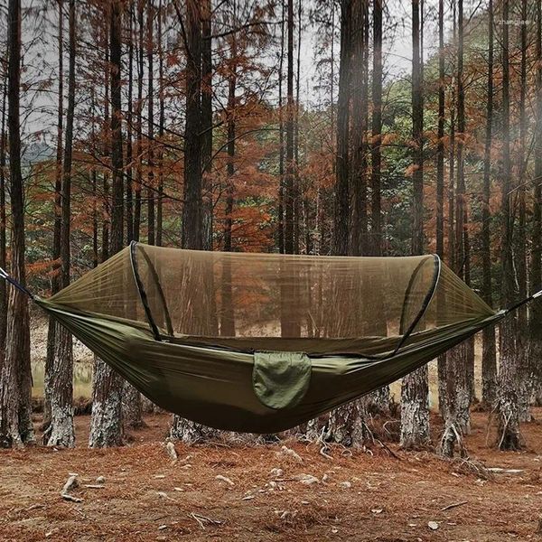 Muebles de campamento Mosquitera automática de apertura rápida Hamaca para acampar al aire libre Poste Columpio Antivuelco Mecedora de nailon 250x120 cm