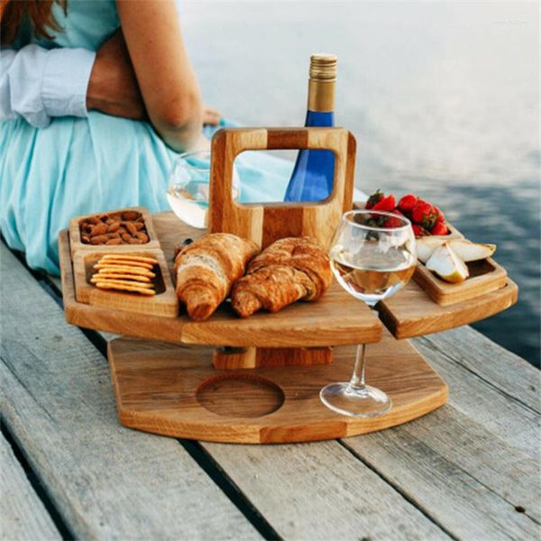 Meubles de camping Tables de plage Camping pliant en bois Randonnée Pique-nique avec porte-verre Pliable Bureau Casier à vin Conseil