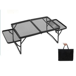 Camp Furniture Table pliante noire pour camping en plein air, portable, ultra léger, en alliage d'aluminium, cadre de grille en fer binaural, table basse réglable en hauteur 230919