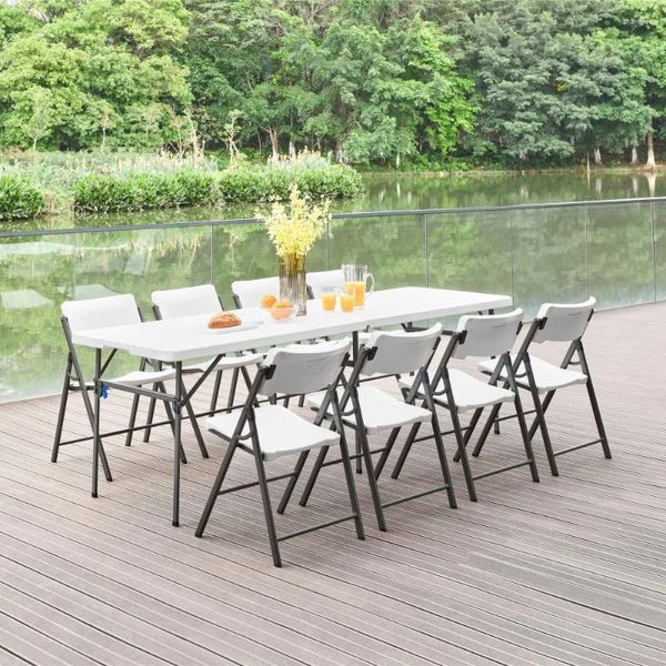 Mobilier de camp Table de camping en granit blanc 8 pieds pliable en deux en plastique pour pique-nique intérieur et extérieur, chaise pliable, équipement léger