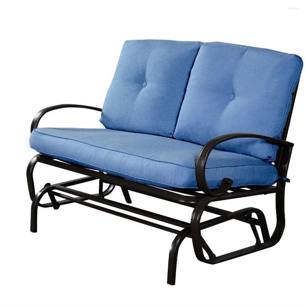 Muebles de campamento Costway Glider Patio al aire libre Banco mecedora Loveseat Asiento acolchado Marco de acero Azul